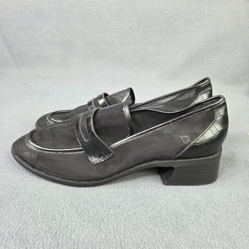 Zac‎ Posen Alisa Black Mesh Croc Embossed Leather Heeled Loafer US 9M